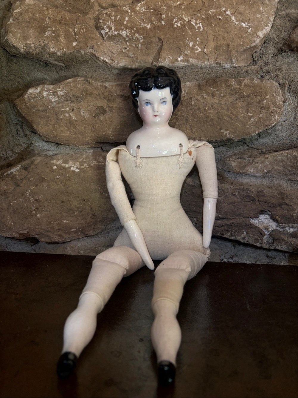 1920s 1930s Antique China Head Doll w Cloth Body - Porcelain Face, Arms, Legs